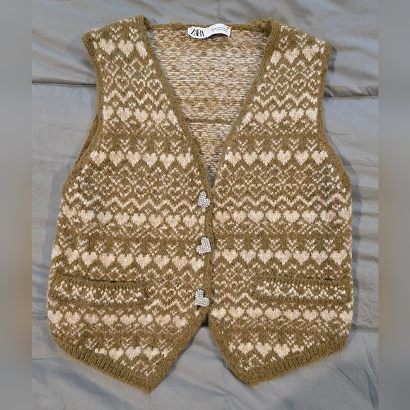 Zara Sweaters - Zara Jeweled Heart Button Jacquard Style Vest